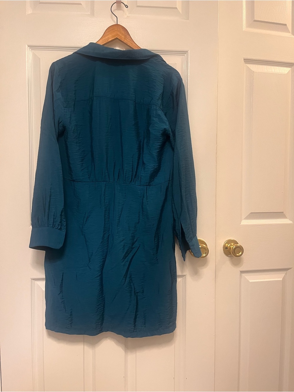 LOFT Teal Textured Tie-Front Long Sleeve Dress 6 - Picture 9 of 15